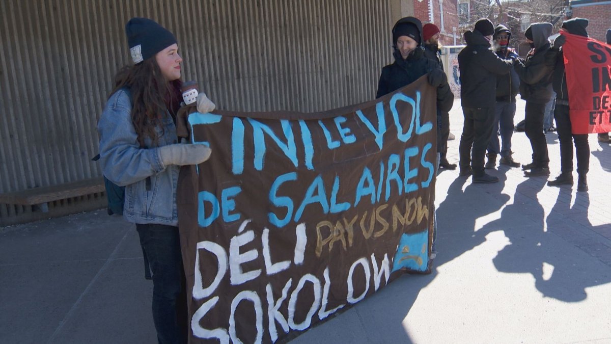 Many gathered outside Place-Saint-Henri metro station to protest the unpaid wages of former Deli Sokolow employees. Sunday, March 5, 2017.