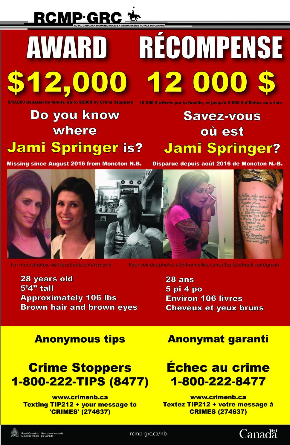 Jami Springer’s family have now raised $10,000, in addition to the $2,000 reward offered by Crime Stoppers, for information that leads to finding the 28-year-old.