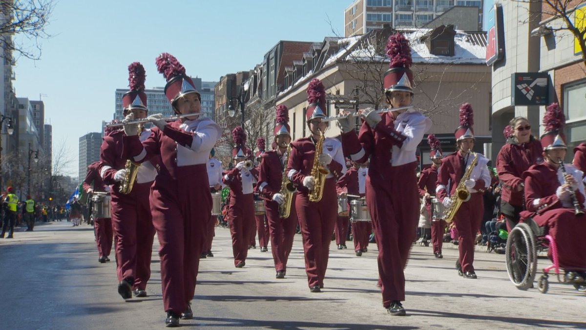 A marching band is featured in Montreal's St. Patrick's Day Parade on Sunday, March 19, 2017.