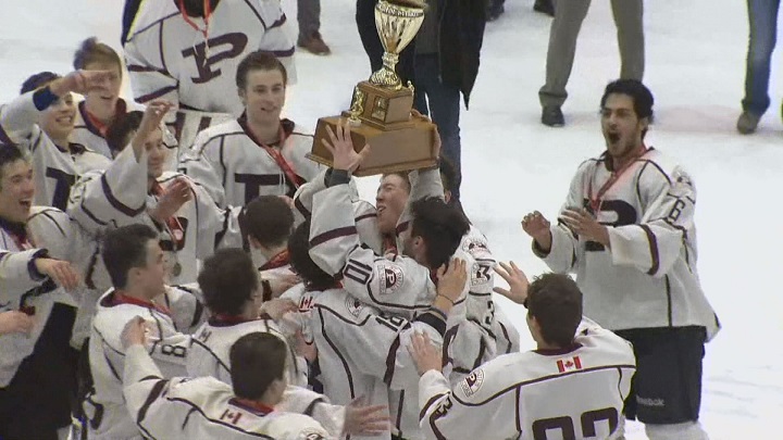 The. St. Paul's Crusaders celebrate their second straight provincial title in high school hockey.