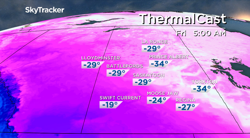 Temperatures tumble down toward the -30s into early Friday morning.