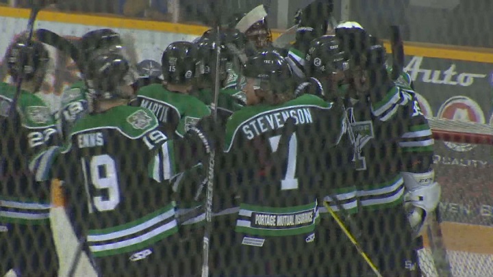 The Portage Terriers celebrate their game three victory over the Steinbach Pistons.