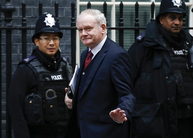 In this Oct. 24, 2016 file photo, Northern Ireland's deputy First minister Martin McGuinness arrives to Downing Street, for a meeting with Britain's Prime Minister Theresa May, and the Brexit Secretary David Davies about Britain's decision to leave the EU in London. McGuinness, the Irish Republican Army warlord who led his underground, paramilitary movement toward reconciliation with Britain, and was Northern Ireland's deputy first minister for a decade in a power-sharing government, has died, his Sinn Fein party announced Tuesday, March 21, 2017, on Twitter. He was 66.