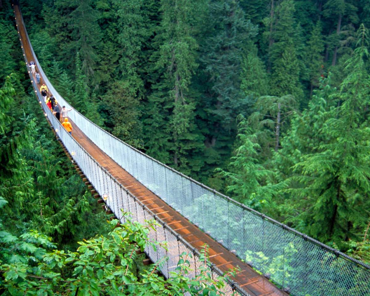 People walking on Capilano suspension bridge in Vancouver, British Columbia.