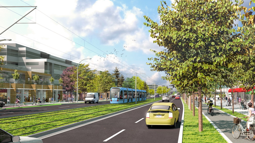 A rendering of future plans for a light rail transit (LRT) system in Surrey. 