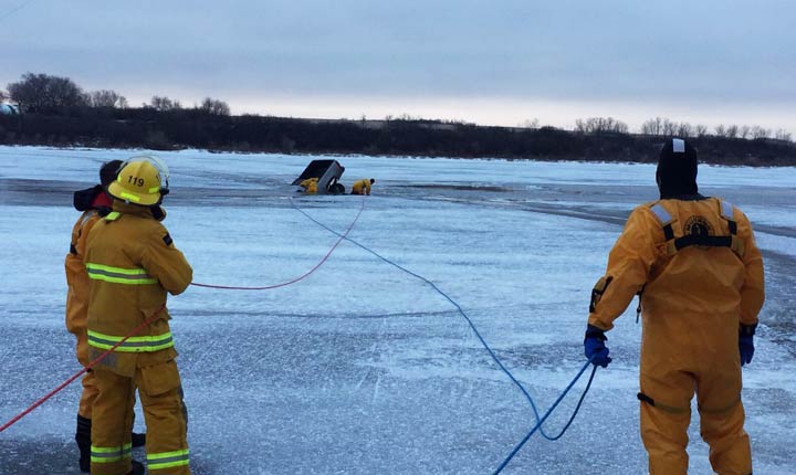 The Warman Fire Department is warning drivers to stay off the ice after a truck went through the ice.
