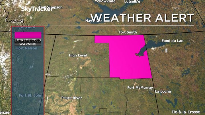 A map of Alberta showing areas under an extreme cold warning on Monday, March 6, 2017.