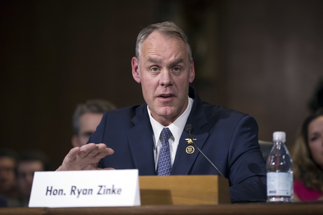 In this Jan. 17, 2017, file photo, Interior Secretary-nominee, Rep. Ryan Zinke, R-Mont. testifies on Capitol Hill in Washington.