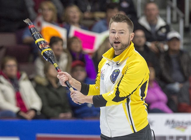 Manitoba skip Mike McEwen reacts to a shot at the 2017 Tim Hortons Brier in St. John's, NL.