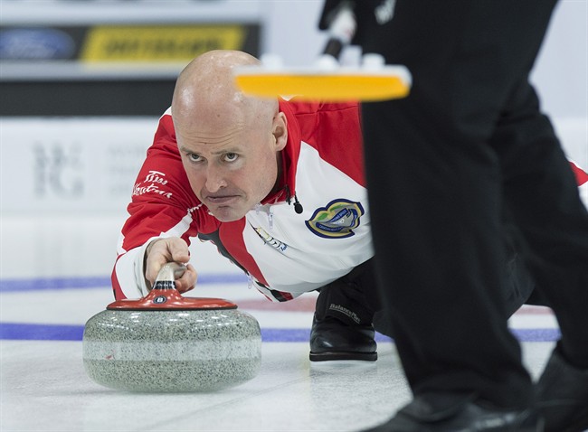 Kevin Koe delivers a rock against Northern Ontario in 3 vs. 4 Page playoff game action at the Tim Hortons Brier curling championship at Mile One Centre in St. John's on Saturday, March 11, 2017.