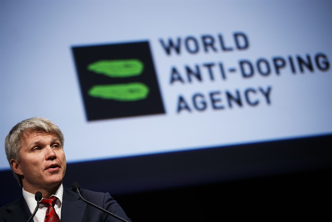 Pavel Kolobkov, Russian sport minister, delivers his speech during the opening day of the 2017 world anti-doping agency's annual symposium at the Swiss Tech Convention Center, in Lausanne, Switzerland, on Monday March 13, 2017.
