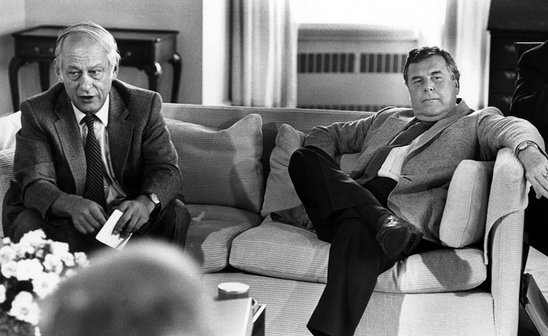 Quebec Premier Rene Levesque and Manitoba Premier Sterling Lyon (R) share the same couch at 24 Sussex Dr. as the premiers meet behind closed door with Prime Minister Trudeau in an effort to come to an agreement on re-writing the Canadian Constitution Sept. 12, 1980.