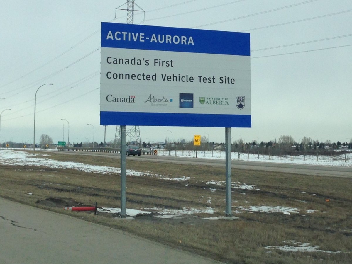 ACTIVE-AURORA signs alert drivers to wireless vehicle technology being tested in west Edmonton. April 17, 2017.