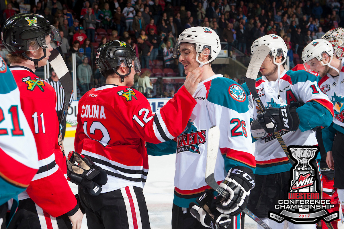  Liam Kindree, #26,  being congratulated after Kelowna wins series against Portland.