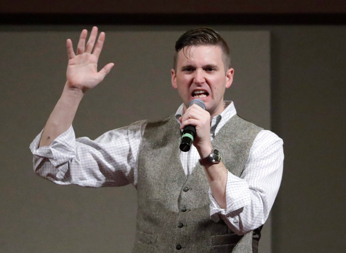In this Dec. 6, 2016, file photo, Richard Spencer, who leads a movement that mixes racism, white nationalism and populism, speaks at the Texas A&M University campus in College Station, Texas. 