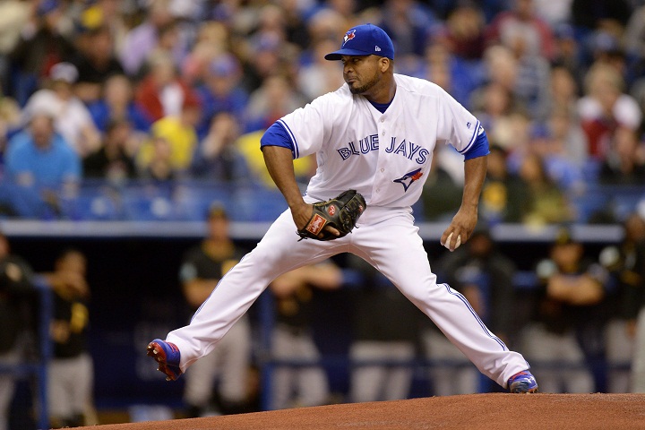 Toronto Blue Jays' starting pitcher Francisco Liriano pitches to the Pittsburgh Pirates during first inning preseason baseball action in Montreal on Saturday, April 1, 2017. 