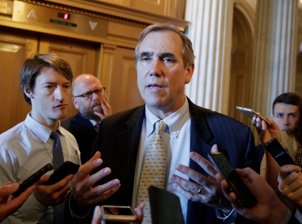 Sen. Jeff Merkley, D-Ore. speaks to reporters just outside the Senate chamber on Capitol Hill in Washington on Wednesday, April 5, 2017, after he ended a 15-hour all-night talk-a-thon as the Senate heads toward a showdown over the confirmation vote for Supreme Court Justice nominee Neil Gorsuch. 