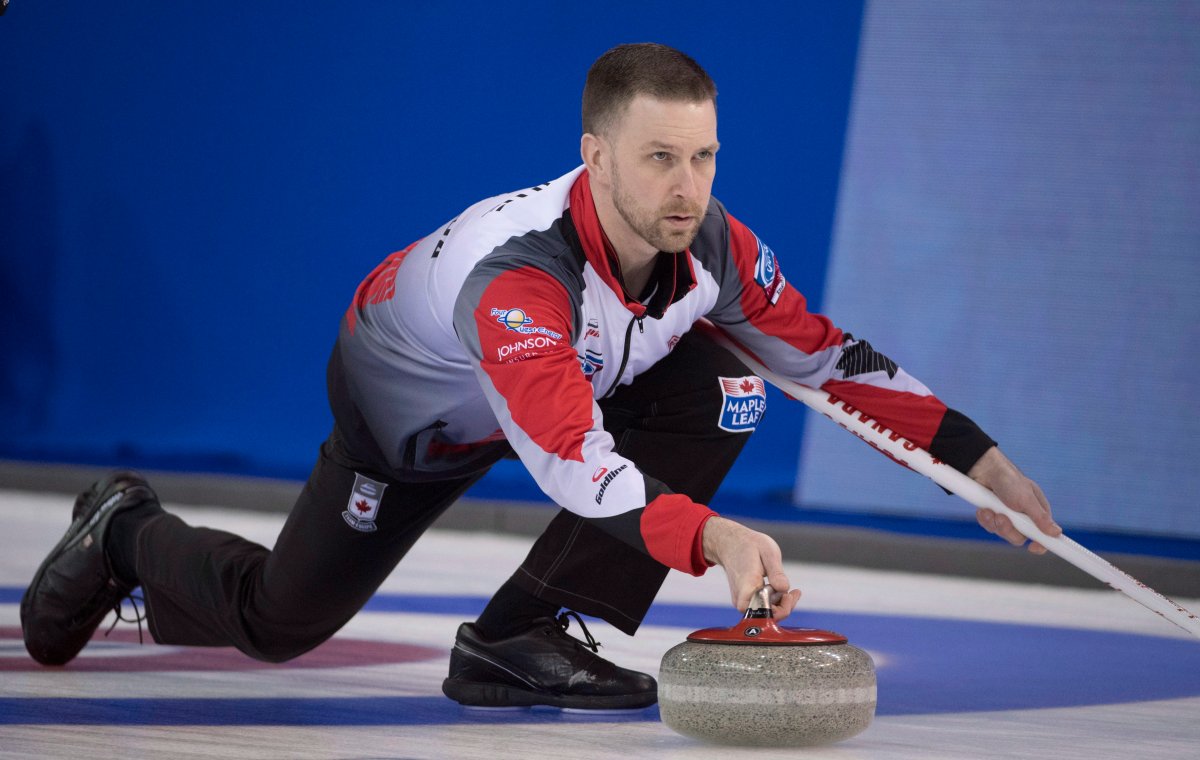 Team Canada skip Brad Gushue makes a shot during the 13th draw against Japan at the Men's World Curling Championships in Edmonton, Wednesday, April 5, 2017. THE CANADIAN PRESS/Jonathan Hayward.