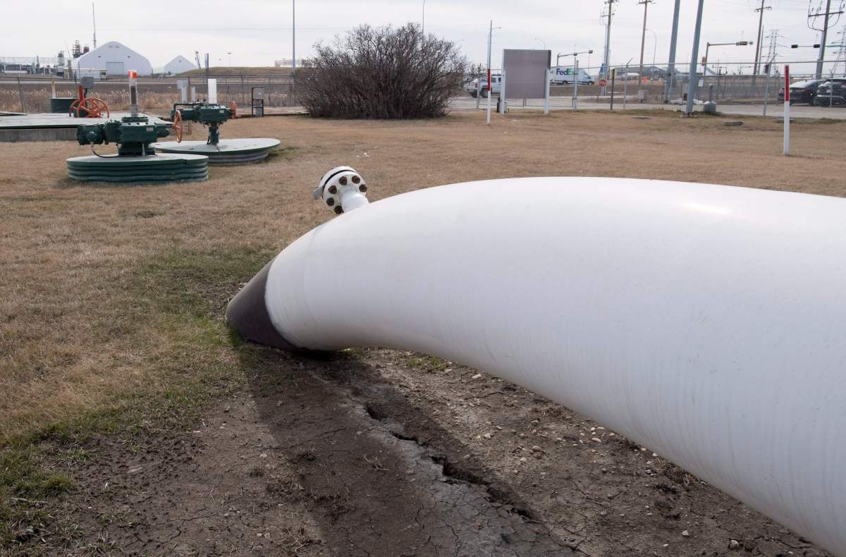 The main pipeline that feeds oil to British Columbia is seen at the Kinder Morgan Trans Mountain facility in Edmonton, Alta., Thursday, April 6, 2017.