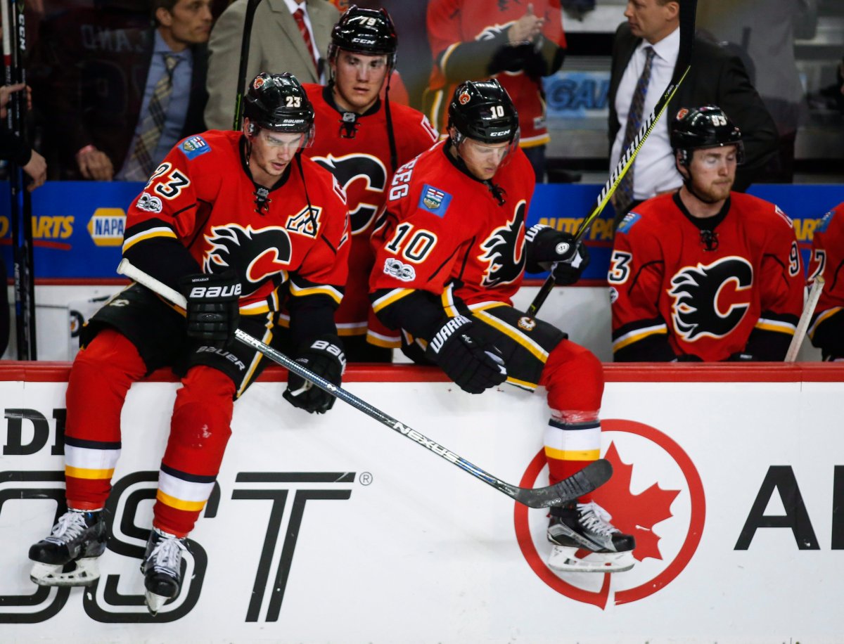 Calgary Flames players leave the bench after an NHL hockey round one playoff action loss to the Anaheim Ducks, in Calgary, Wednesday, April 19, 2017. The Flames ended their run for the Stanley Cup tonight after a 3-1 loss to the Ducks. THE CANADIAN PRESS/Jeff McIntosh.