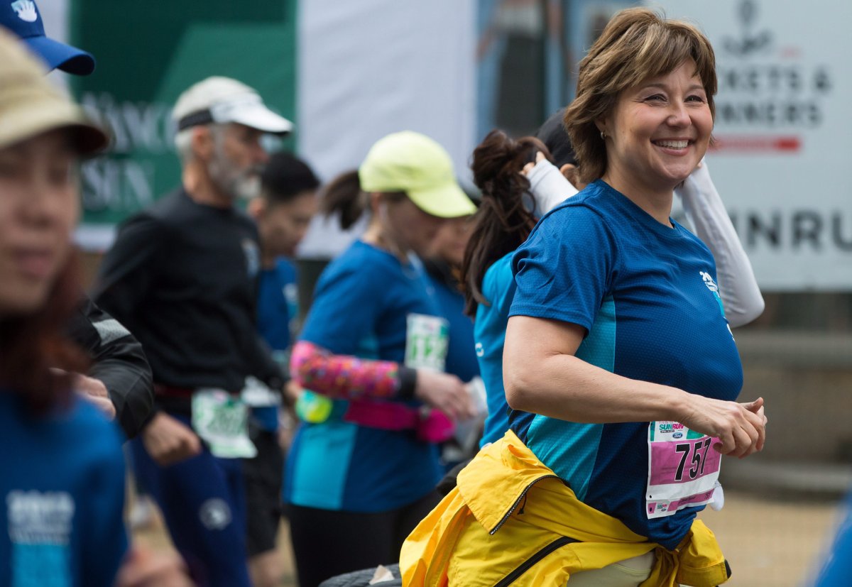 Liberal Leader Christy Clark participates in the Sun Run in Vancouver, B.C., on Sunday April 23, 2017. A provincial election will be held on May 9.