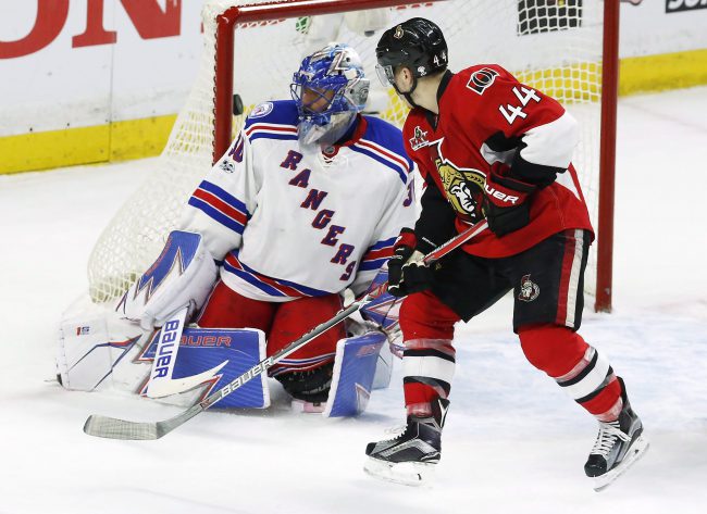 Ottawa Senators centre Jean-Gabriel Pageau (44) scores his third goal of the game against New York Rangers goalie Henrik Lundqvist (30) during the third period in game two of a second-round NHL hockey Stanley Cup playoff series in Ottawa on Saturday, April 29, 2017. 