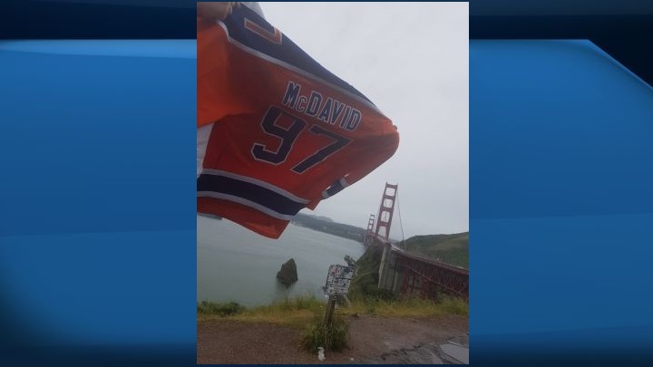 A photograph of a Connor McDavid jersey in California in April 2017.