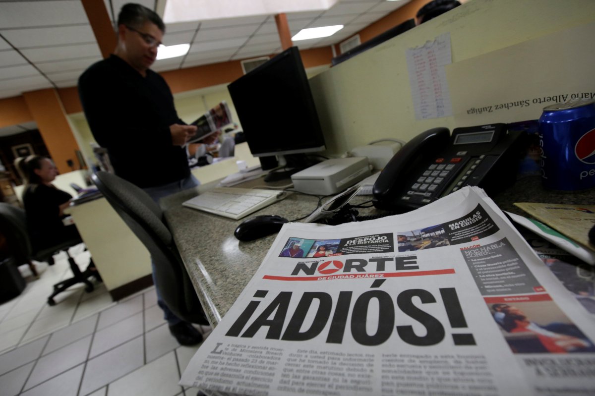 El Norte newspaper is pictured after the paper announced its closure due to what it says is a situation of violence against journalists in Ciudad Juarez, Mexico, on April 2. The headline reads, "Goodbye!".