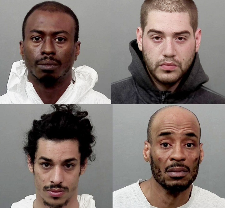 Montreal police have arrested four men in connection with 14 separate incidents. Pictured above, (From top to bottom, and left to right) Clayton Roach, 38 ans, Vincent Parent-Lévesque, 23, Yossi Avadov, 23, and James Craigwell, 43 were arrested April 15.