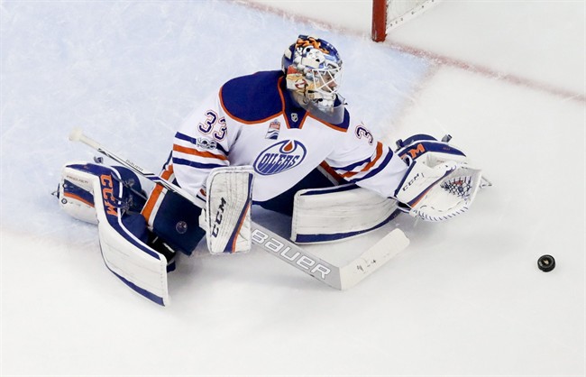 Edmonton Oilers goalie Cam Talbot blocks a shot against the Anaheim Ducks during the second period in Game 2 of a second-round NHL hockey Stanley Cup playoff series in Anaheim, Calif., Friday, April 28, 2017. The Oilers won 5-3. 