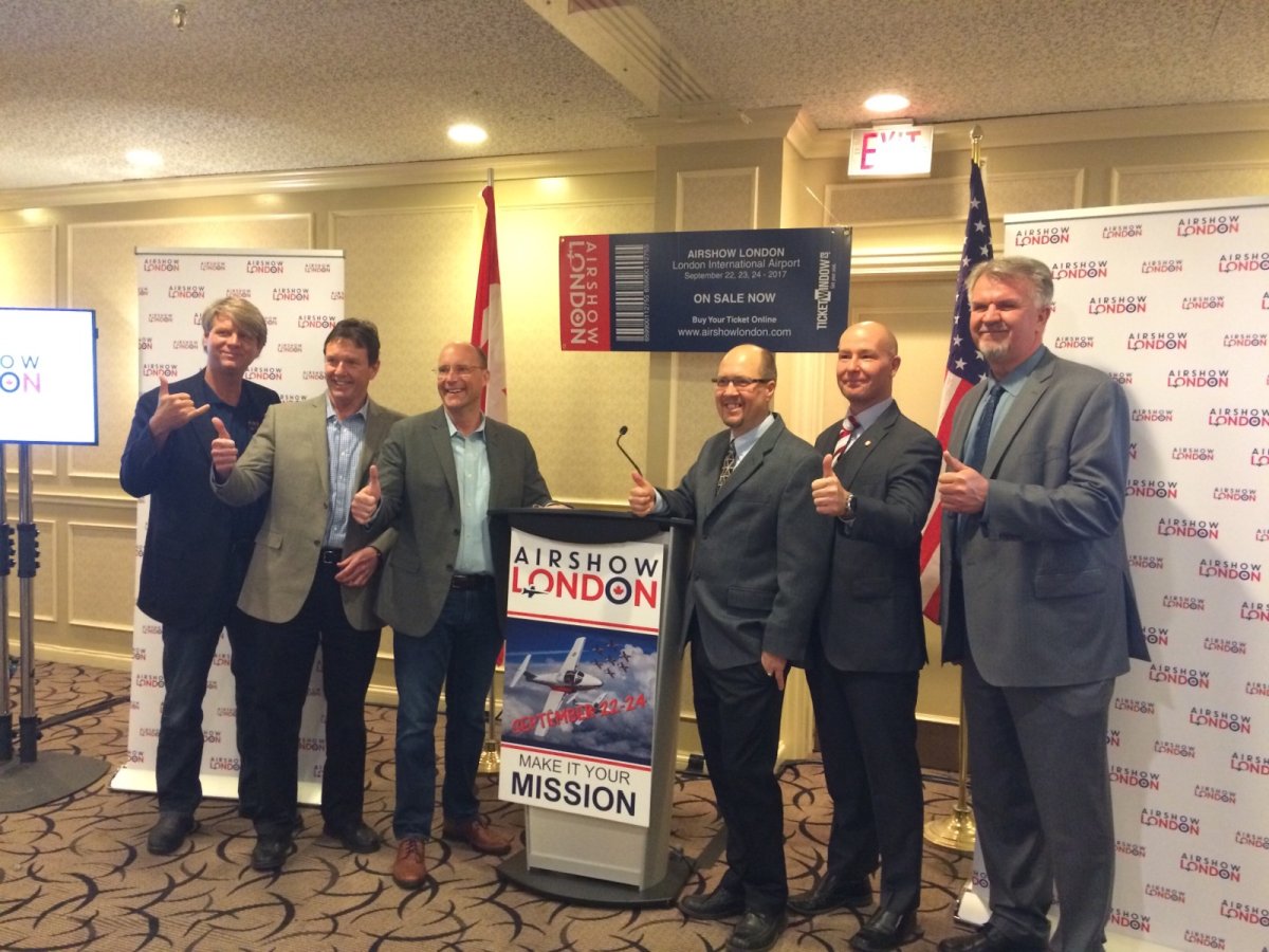 Organizers announce more performers for Airshow London (ASL) 2017. From left to right, Co-founder and Chair of ASL Board Jim Graham, CEO of London International Airport Mike Seabrook, Mayor Matt Brown, Co-founder and Director of Flight Operations for ASL Gerry Vanderhoek, Chair of Norton Wolf School of Aviation Technology at Fanshawe College Stephen Patterson, and Executive Director of ASL Dave De Kelver.