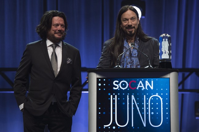 Paul Langlois and Rob Baker of The Tragically Hip accept the Rock Album of the Year at the Juno Gala awards show in Ottawa, Saturday April 1, 2017. 