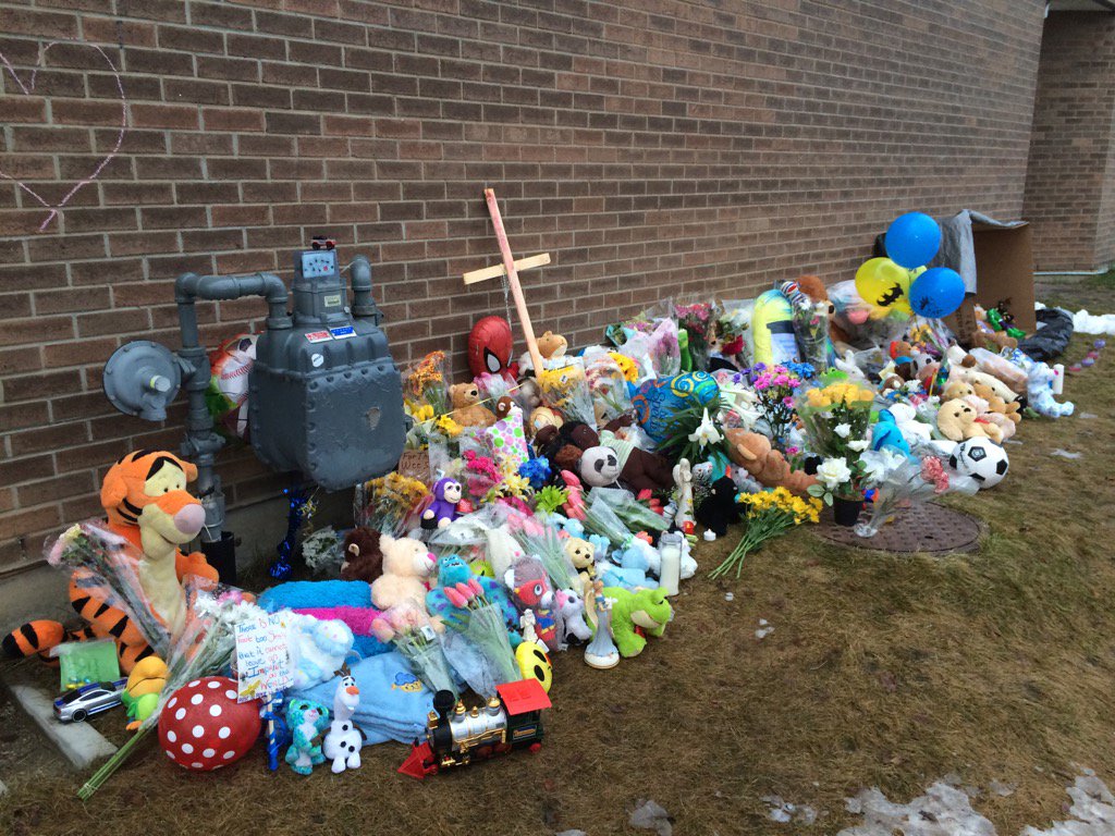 A collection of flowers, toys and stuffed animals, balloons and messages of grief is growing outside Good Shepherd Anglican Church( 15495 Castle Downs Road), where the body of 19-month-old Anthony Joseph Raine was discovered. Edmonton, Alta. April 25, 2017.