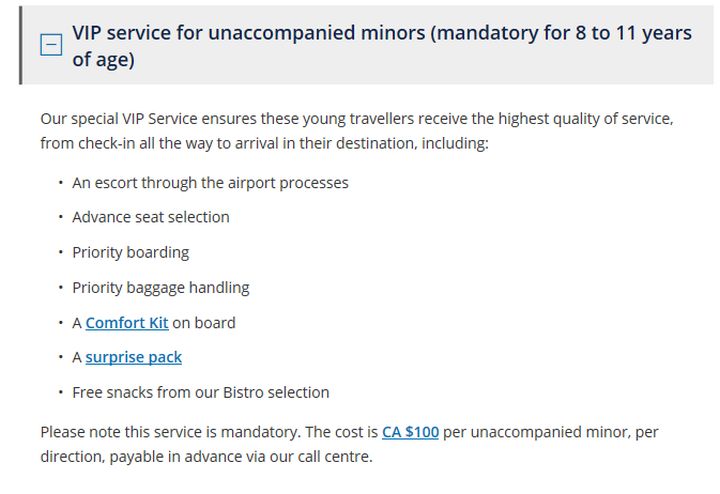 Air Transat VIP service for unaccompanied minors on flights.