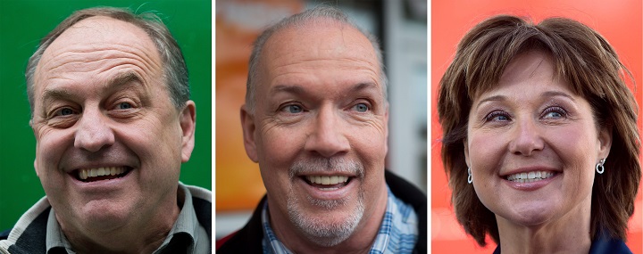 British Columbia Green Party Leader Andrew Weaver, from left to right, NDP Leader John Horgan and Liberal Leader Christy Clark are seen in a combination photo from events on April 6th, 4th and 9th, respectively in Vancouver and Delta. A provincial election will be held on May 9. 