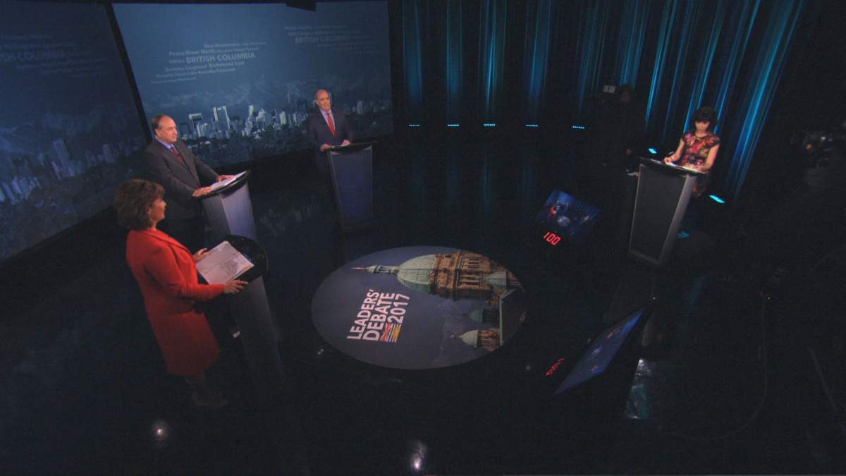 B.C. political leaders Christy Clark, Andrew Weaver and John Horgan partake in an election debate moderated by Jennifer Burke.