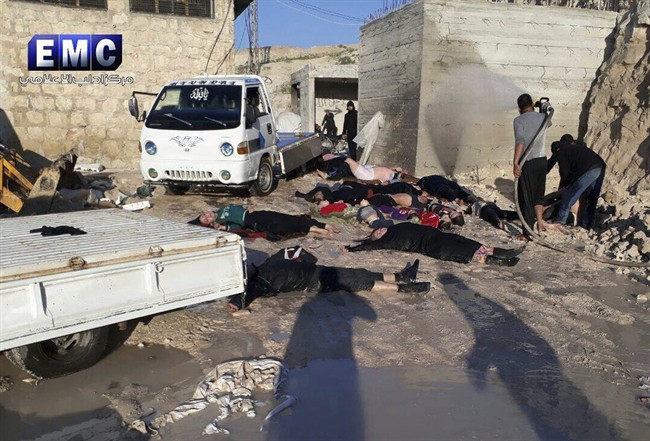 This photo shows victims of a suspected chemical attack, in the town of Khan Sheikhoun, northern Idlib province, Syria. 