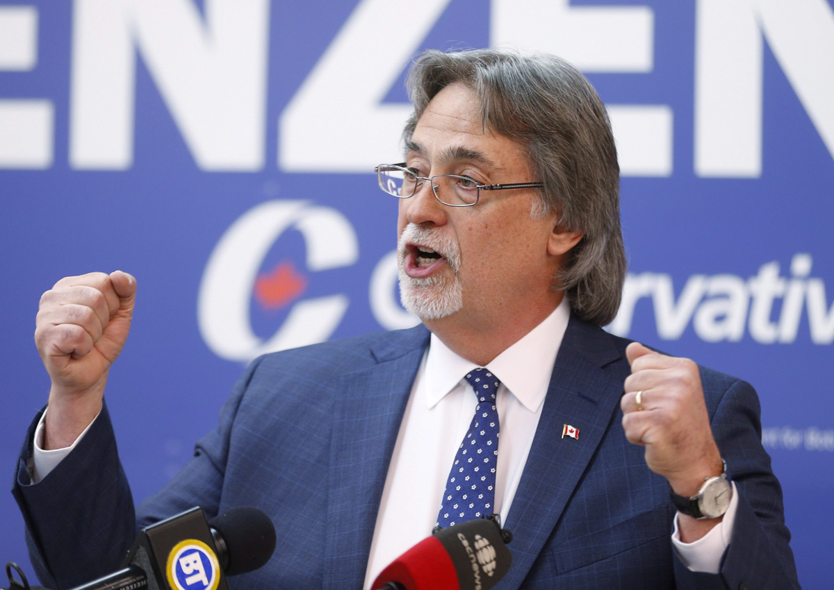 Conservative candidate Bob Benzen speaks after winning the federal byelection riding of Calgary Heritage in Calgary, Monday, April 3, 2017. THE CANADIAN PRESS/Todd Korol