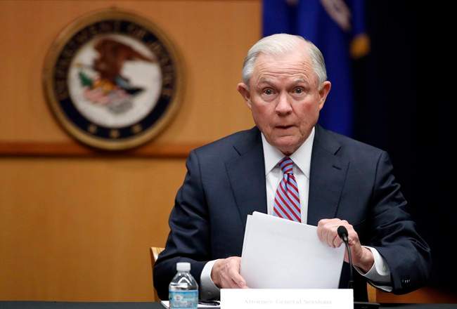 In this April 18, 2017 file photo Attorney General Jeff Sessions prepares to speak before a meeting of the Attorney General’s Organized Crime Council and Organized Crime Drug Enforcement Task Forces (OCDETF) Executive Committee to discuss implementation of the President\’s Executive Order 13773, at the Department of Justice in Washington.