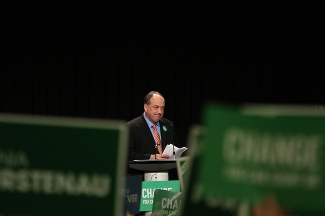 B.C. Green party leader Andrew Weaver wraps up his speech to supporters during a rally at the Victoria Conference Centre in Victoria, B.C., on April 12, 2017.