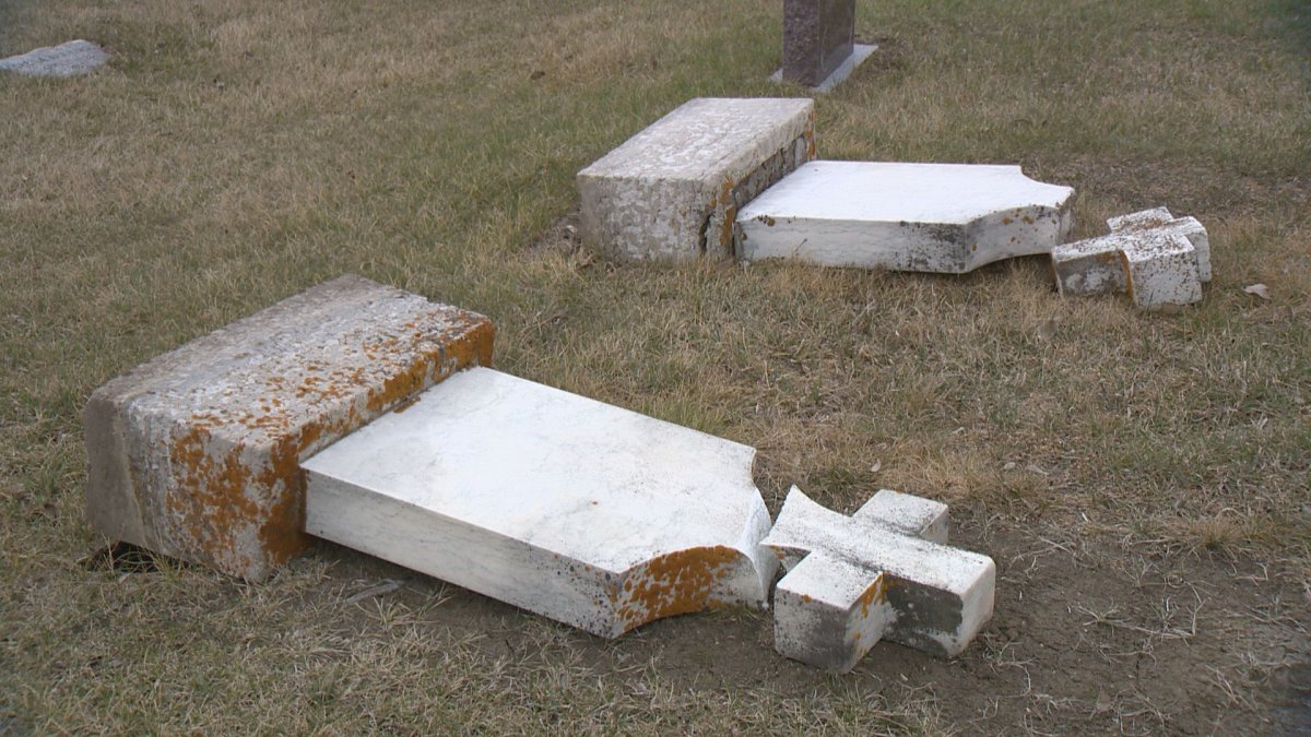 Vandals push down headstones at Lebret cemetery.
