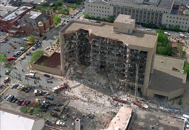 The north side of the Alfred P. Murrah Federal Building in Oklahoma City, Okla., is shown after an explosion that killed 168 people and injured hundreds on April 19, 1995.