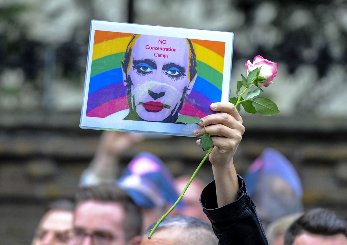 Hundreds of activists gather outside the Russian Embassy in central London in protest against the treatment of homosexuals in Chechnya.