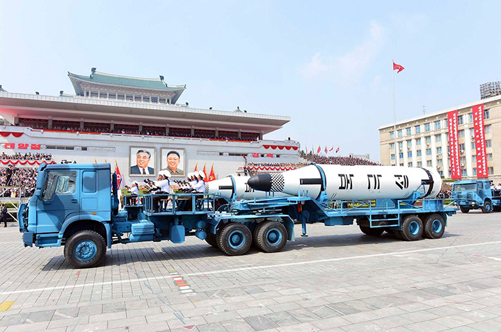 In this Saturday, April 15, 2017, photo distributed by the North Korean government, Polaris submarine launched ballistic missiles are paraded to celebrate the 105th birth anniversary of Kim Il Sung, the country’s late founder, in Pyongyang.