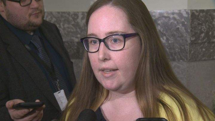 Alberta Labour Minister Christina Gray speaks to reporters on April 18, 2017.