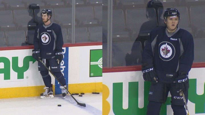 Forwards Kyle Connor and Jack Roslovic practice with the Winnipeg Jets after getting recalled from the Manitoba Moose.