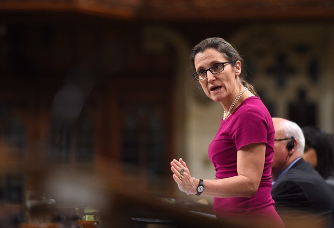 Foreign Affairs Minister Chrystia Freeland responds during question period in the House of Commons in Ottawa, April 13, 2017.