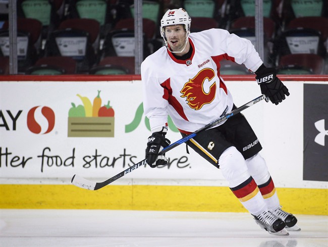 Calgary Flames' Troy Brouwer skates during a team practice in Calgary on April 10, 2017.