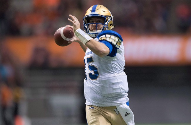 Winnipeg Blue Bombers quarterback Matt Nichols passes during first half western semifinal CFL football action against the B.C. Lions in Vancouver on November 13, 2016. For the first time in his pro football career, Matt Nichols is heading into a season as a starting quarterback.The Winnipeg Blue Bombers pivot feels it will be a natural transition from backup to starter. 