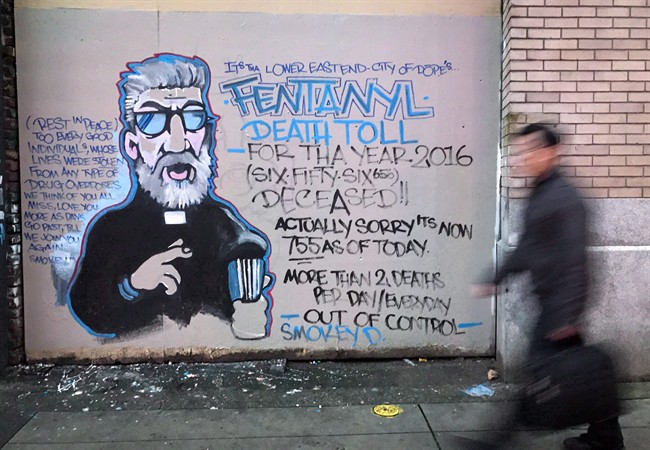 So pervasive is the problem of opioid abuse that it has become part of the Canadian consciousness and left doctors, public health officials and politicians scrambling to find solutions to contain the crisis. A man walks past a mural by street artist Smokey D. painted as a response to the fentanyl and opioid overdose crisis, in the Downtown Eastside of Vancouver, B.C., on Thursday, December 22, 2016. 